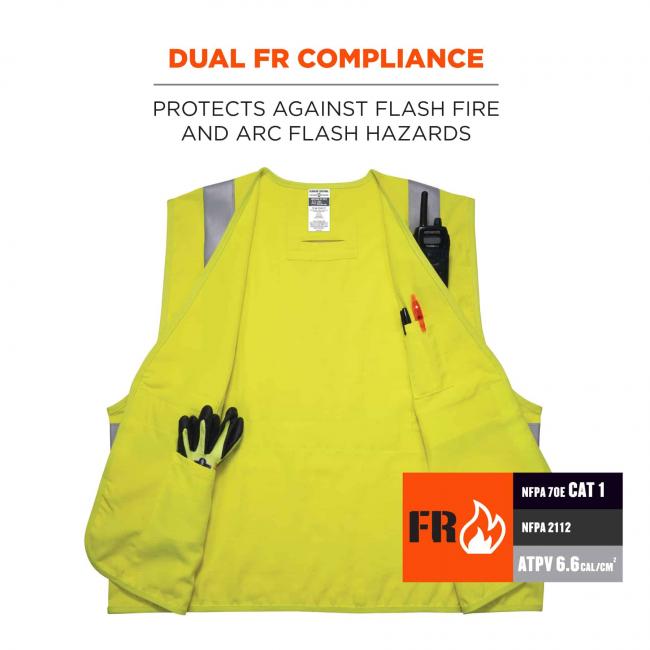 Hi-Vis FR Safety Vest - Class 2, NFPA 2112, NFPA 70E, Solid, Hook & Loop